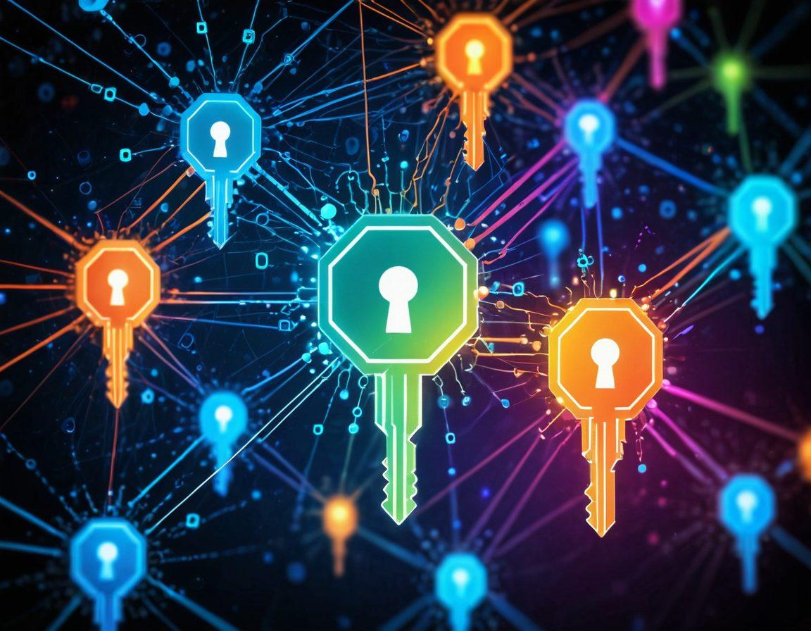 A digital key unlocking a glowing web filled with torrent icons and peer-to-peer nodes, all interconnected by bright, pulsating lines. The background features a blend of binary code and abstract network diagrams. futuristic. vibrant colors. 3D.