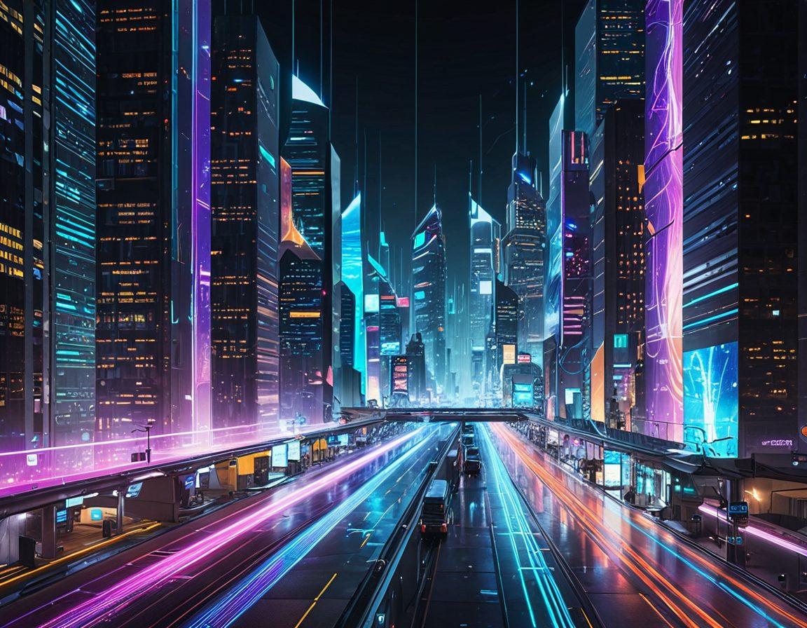 A futuristic cityscape with digital streams of data represented as colorful light trails flowing between buildings. Icons of seeders, leechers, and trackers are interconnected across the scene, symbolizing optimized speed and efficiency. The background features a high-tech, sleek environment with holographic data panels. cyberpunk. vibrant colors. super-realistic.