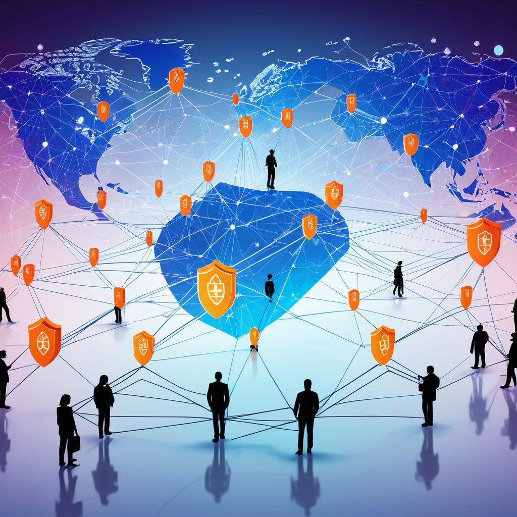 A detailed digital illustration depicting users connected through a web of nodes, sharing files across a P2P network. Safety symbols like shields and locks intertwined with lines representing data transfer, all set against a background of a digital world map. Bright colors to signify active and secure connections. vector art. vibrant colors.
